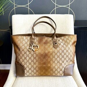 Authentic Gucci Heart Bit tote bag brown gold monogram canvas
